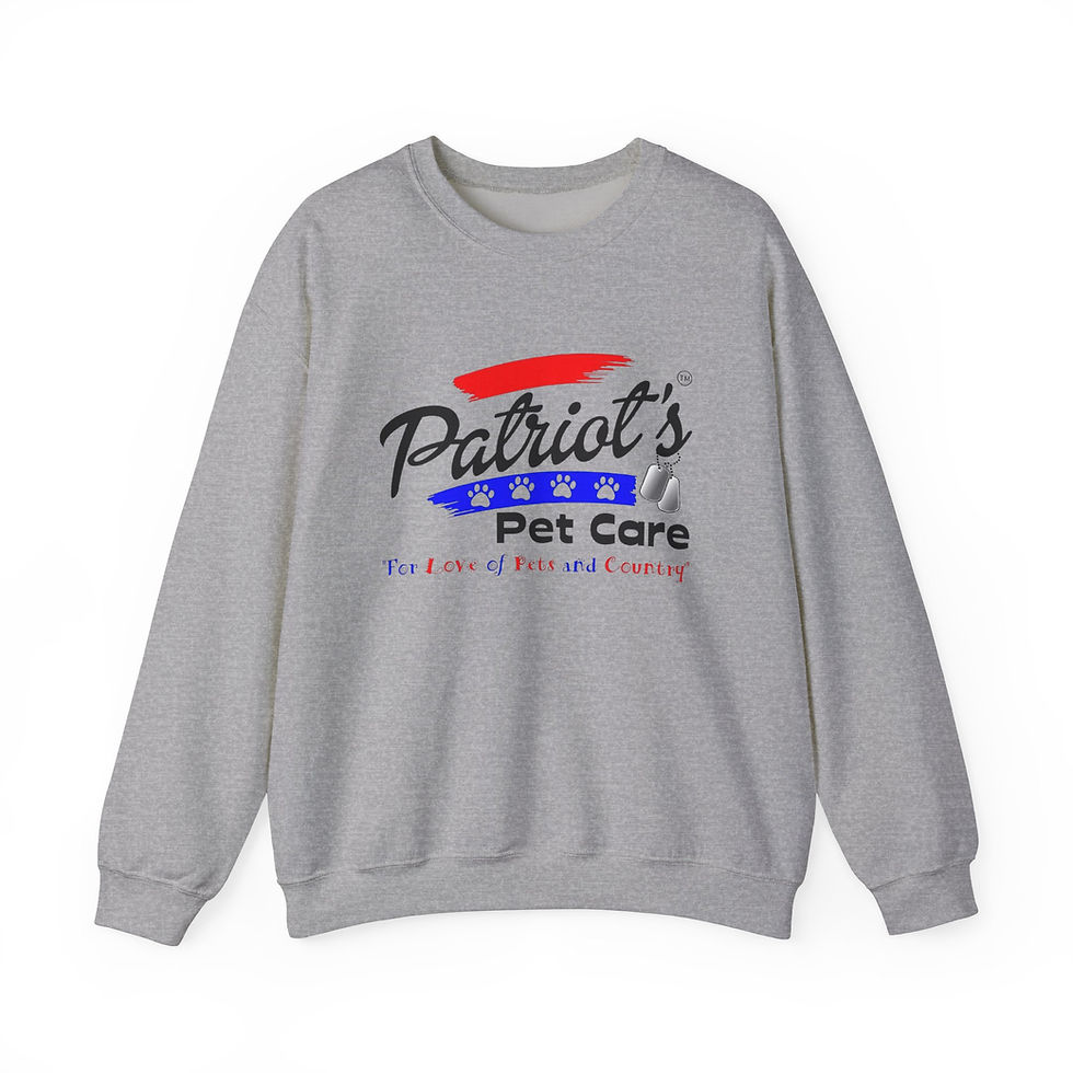 Thumbnail: Grey sweatshirt, "Patriot's Pet Care. ALL Pets Deserve A Loving Home."]}