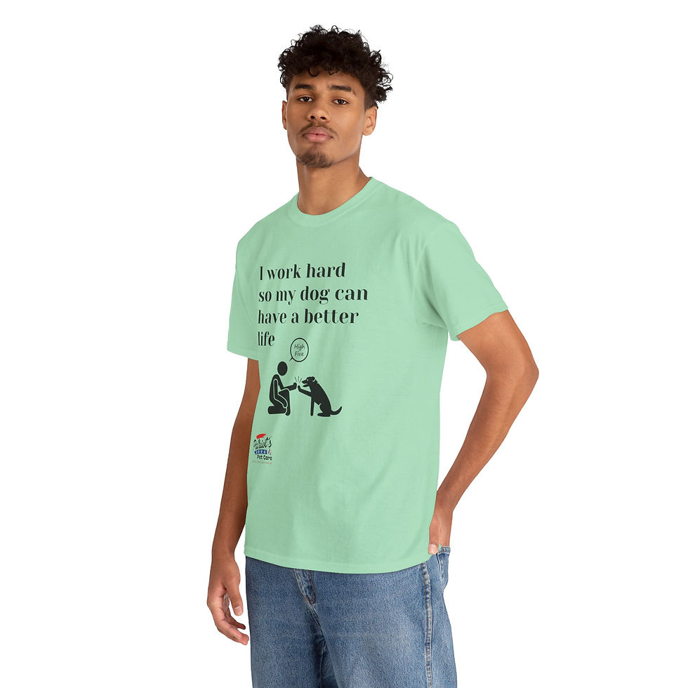 Thumbnail: Man in green t-shirt with 'I work hard so my dog can have a better life'.