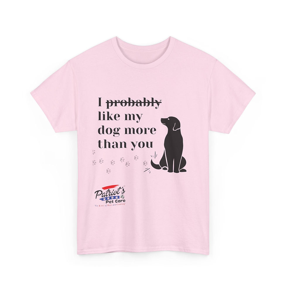 Thumbnail: Pink t-shirt with "I probably like my dog more than you" and black dog.