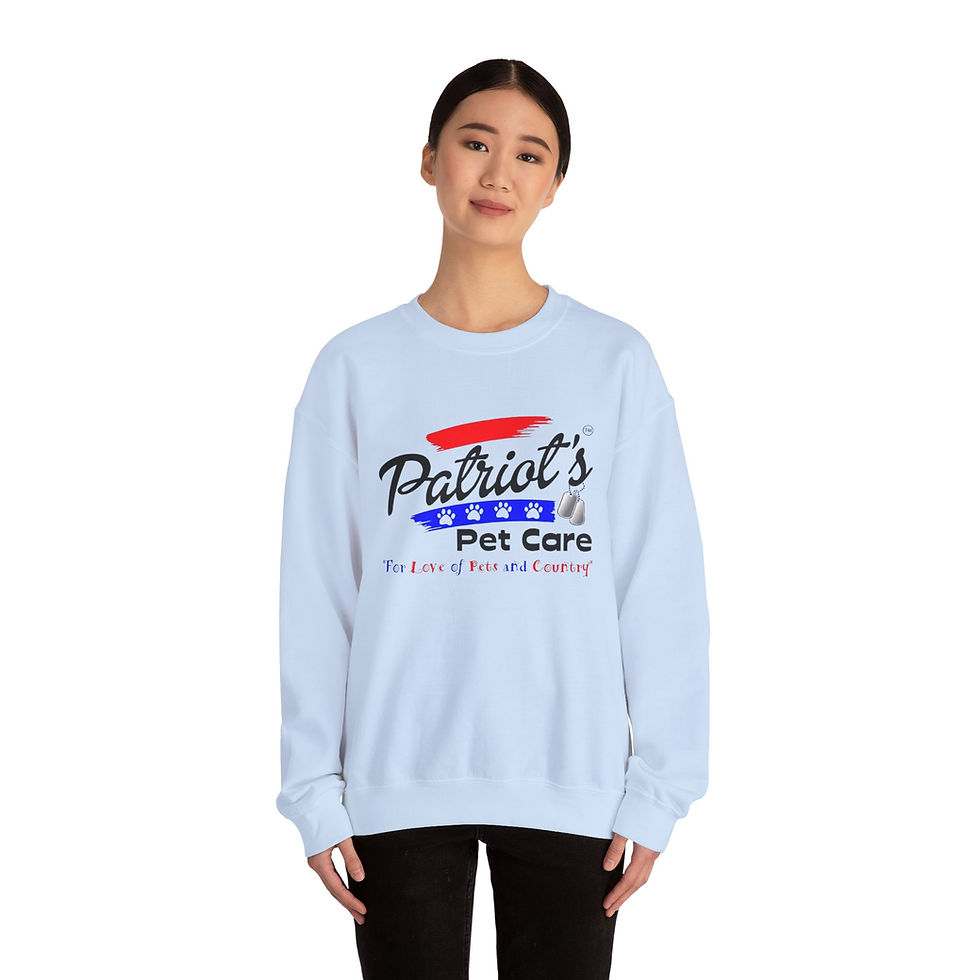 Thumbnail: Woman wearing sweatshirt with "Patriot's Pet Care, WE LOVE OUR PETS & OUR COUNTRY".