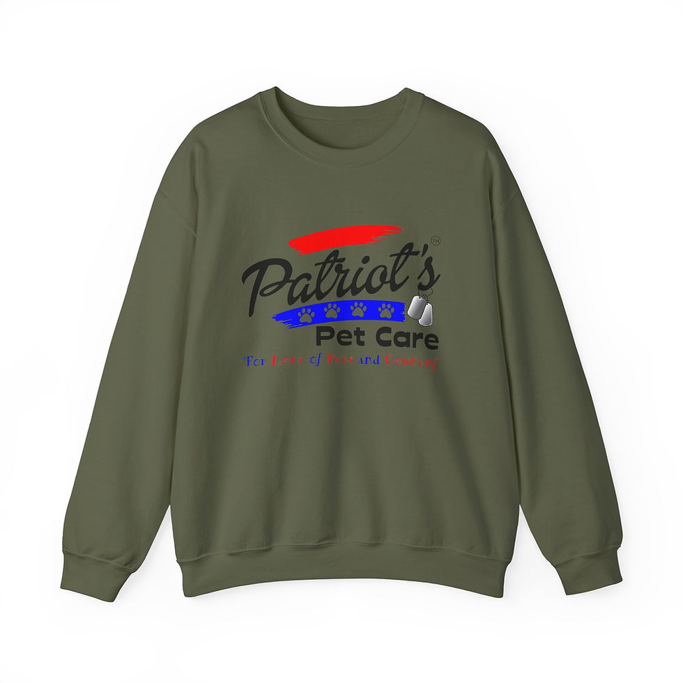 Thumbnail: Olive green sweatshirt featuring a 'Patriot's Pet Care' logo design.