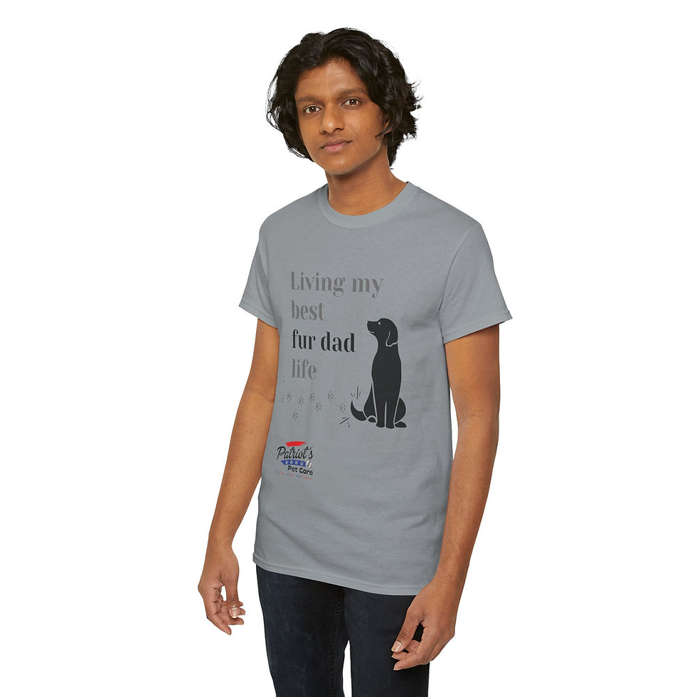 Thumbnail: Person modeling grey t-shirt, "My best fur dad ever" with black dog.