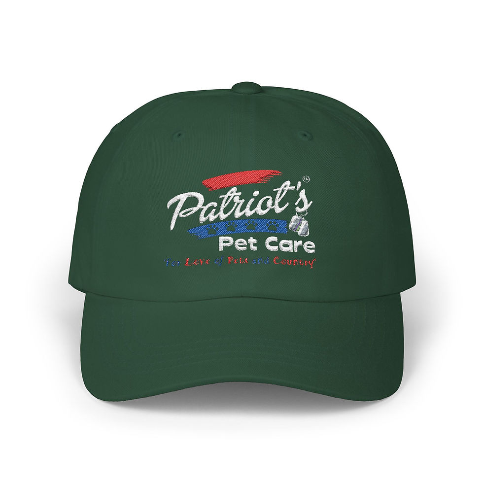 Thumbnail: Dark green baseball cap with Patriot's Pet Care, For The Love of Pet logo.