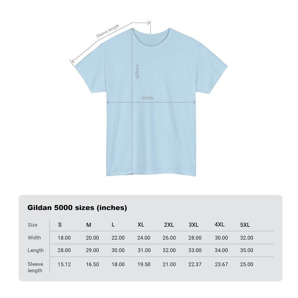 Thumbnail: Light blue t-shirt with Gildan 5000 sizes (Inches) measurement chart.