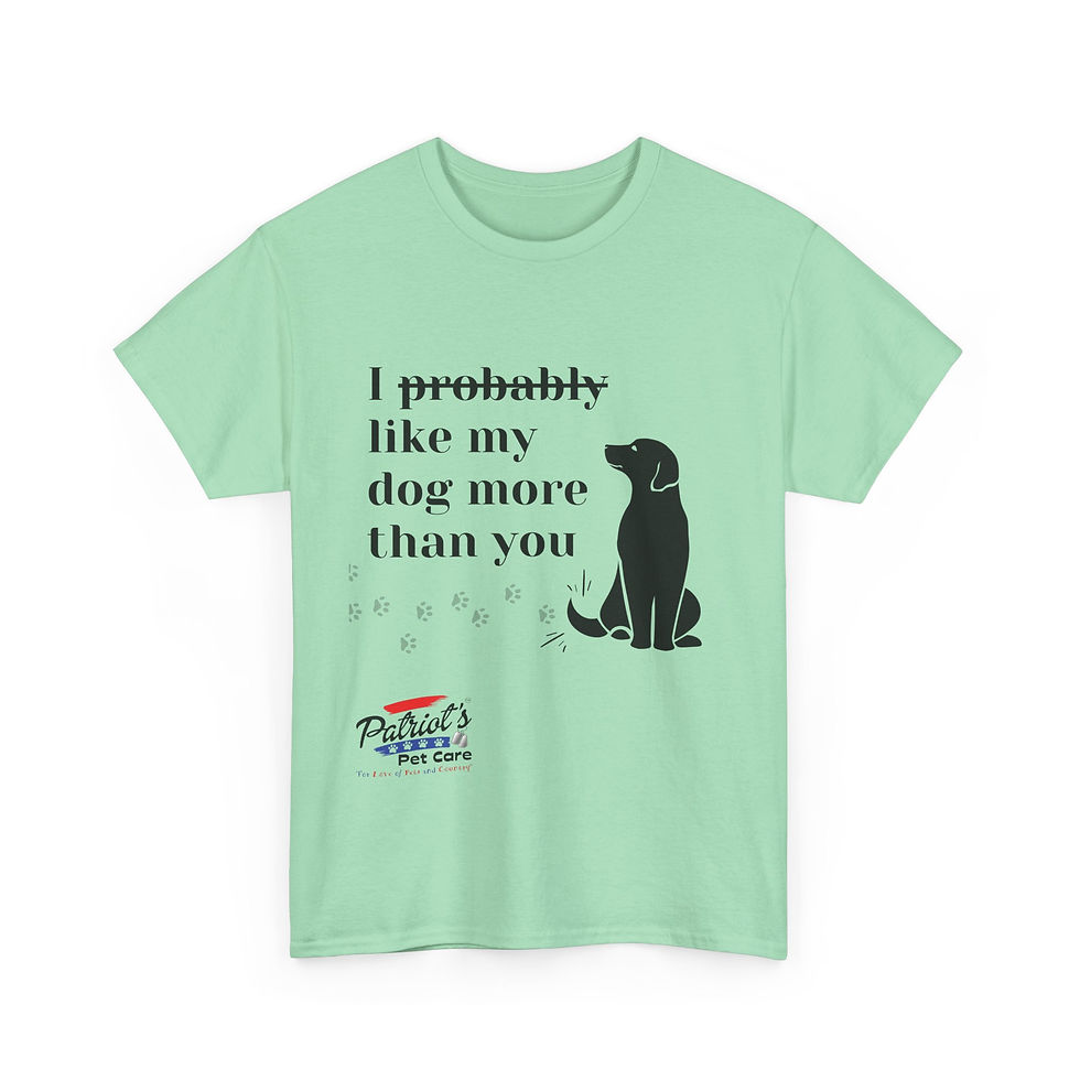 Thumbnail: Light green tee with 'I probably like my dog more than you' and black dog.