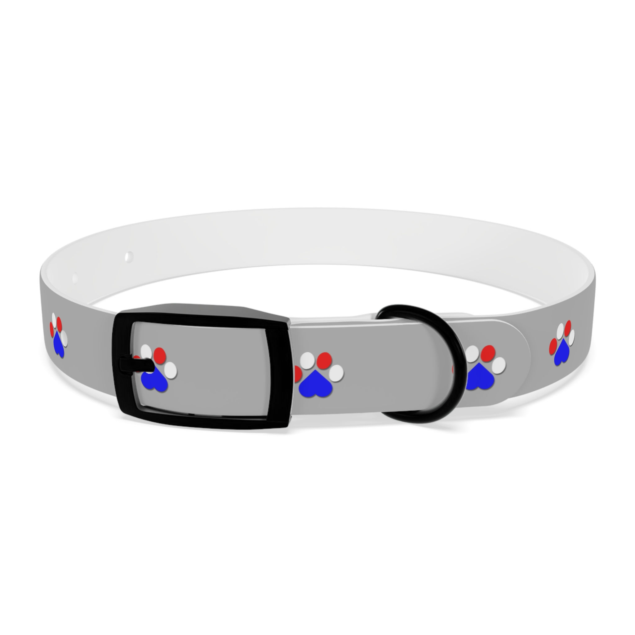 Gray pet collar with red, white, blue patriotic designs and black buckle.