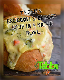 Broccoli cheddar soup in a bread bowl