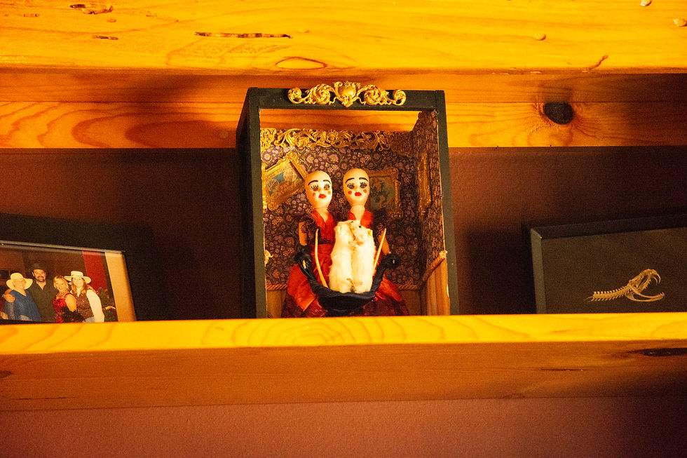 A shadow box of unsettling antique dolls on a shelf at Bruzzi Vineyard