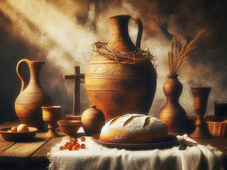 A table set with rustic elements of the Lord's Supper