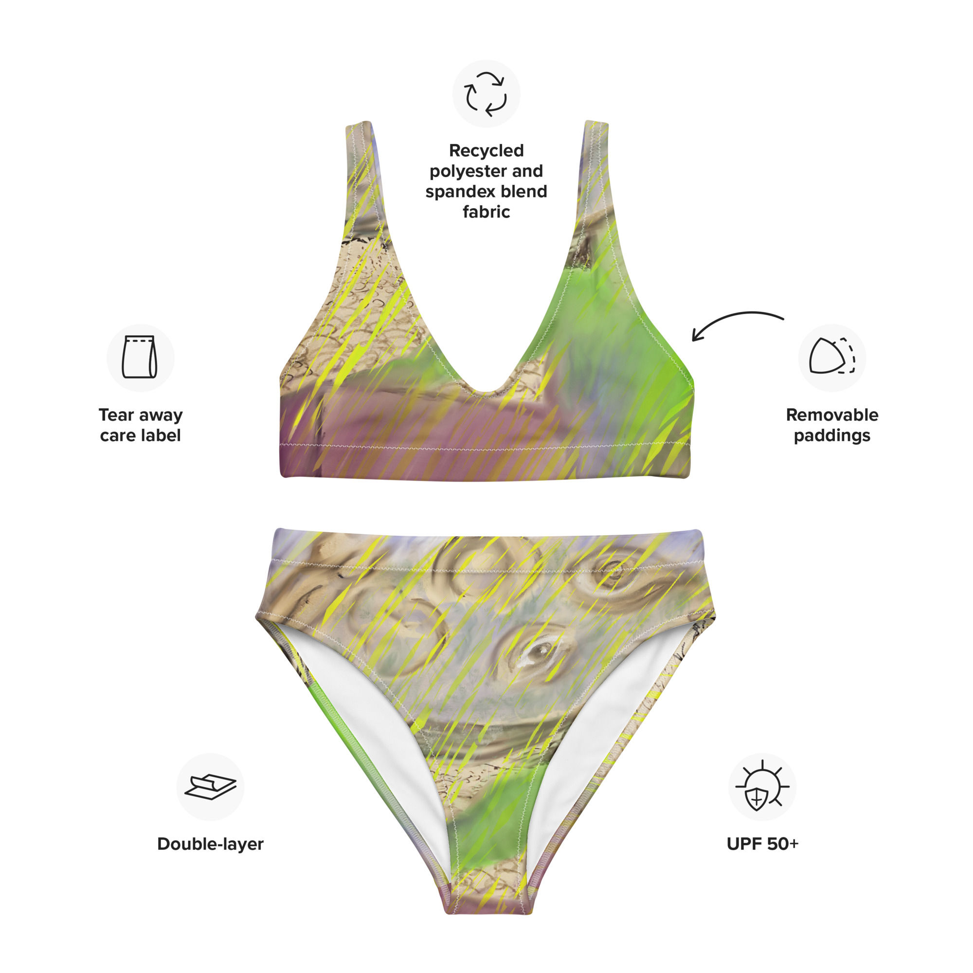 Recycled high-waisted bikini, IAmFromEarth Selection, Abstract Art MESSAGE
