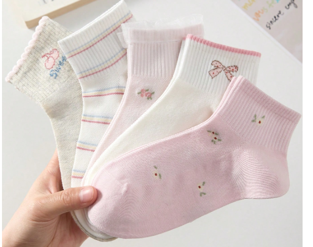 Lot de 5 Paires de Socquettes en vrac Fleuries & Nœuds Pastel