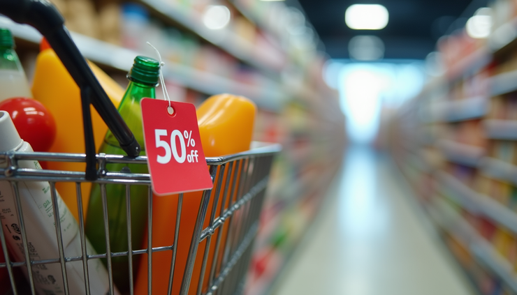 Vue rapprochée d’un panier d’achats rempli d’articles variés avec une étiquette de réduction