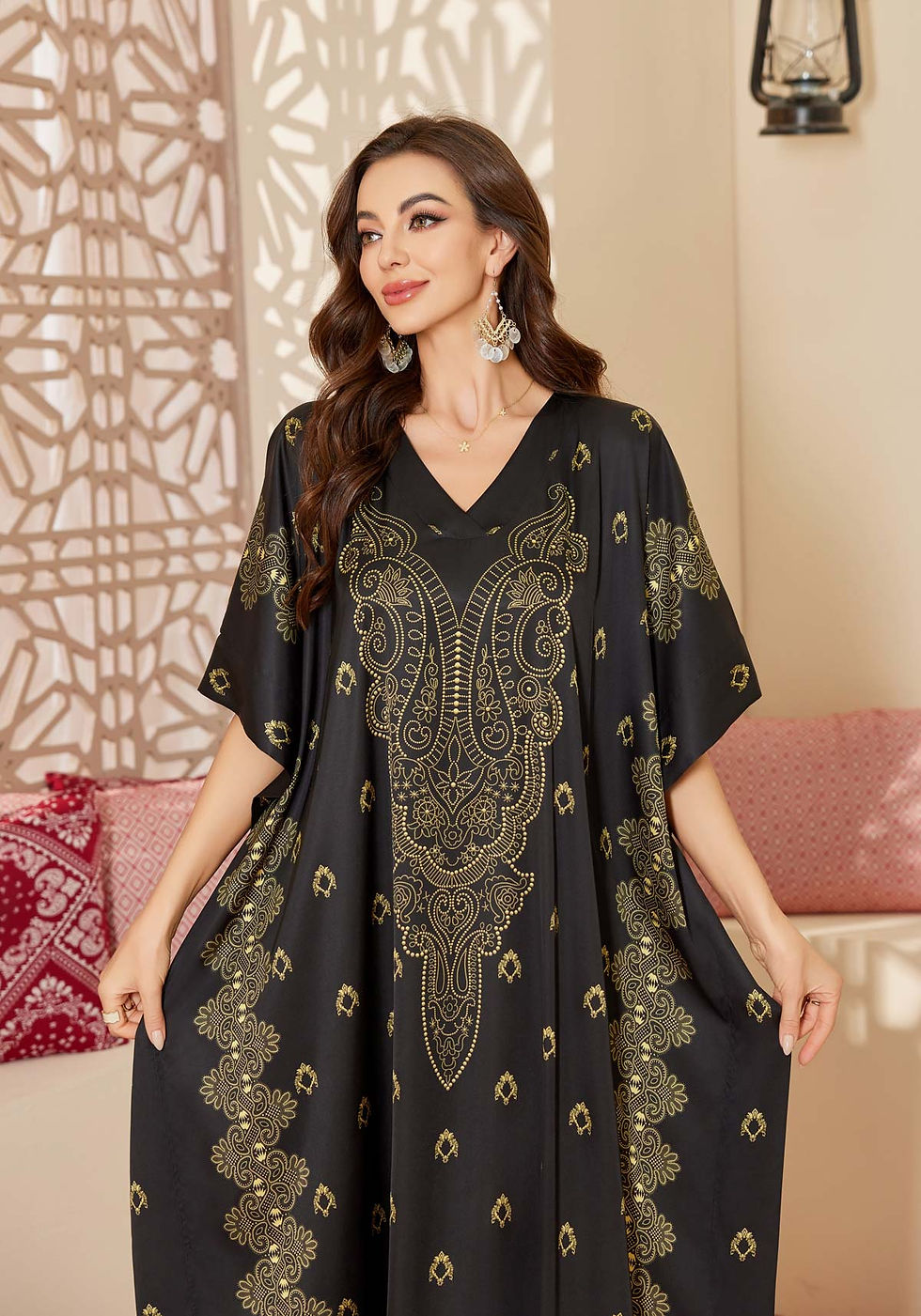 Miniaturbild: Morgenmantel Kaftan Kimono Bademantel Einheitsgröße Schwarzgold