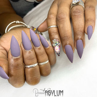 clean nails, quality nails, junk nail, junk nail art, mauve purple nails, purple nails, fall nails, spring nails, summer nails, pointy nails, stiletto nails, matte nails, Custom nail art portfolio by Beaute Asylum , Gel-X Nails, hard gel, nail art, bold designs, nail freestyles, unique nail art, nail artist,
gelx nails atl, gelx nails atlanta, celebrity nail tech, editorial nail tech, professional nail tech, black nail tech, mauve purple junk nail medium stiletto matte nails, by 
Lavette Cephus of Beaute Asylum