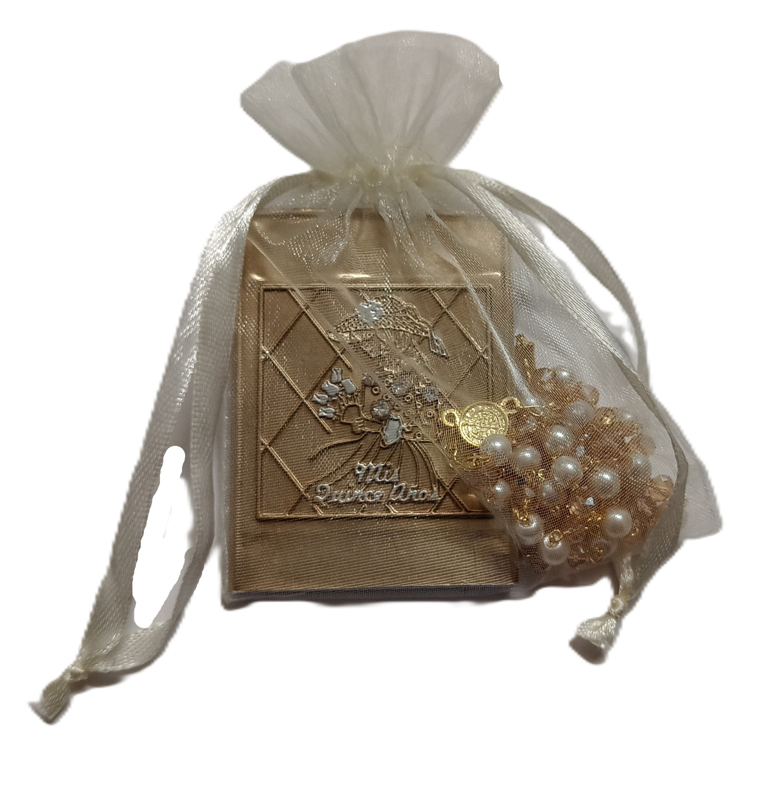 Minilibro de Oración en bolsita de organza y rosario (12 Pzas) XV Años