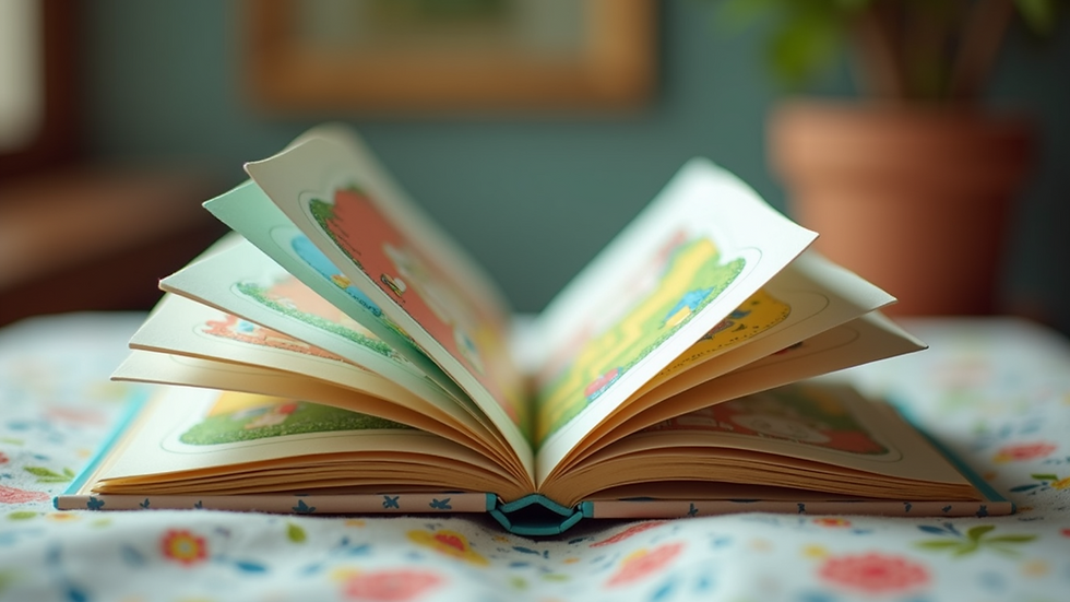 Eye-level view of a colorful children's book with whimsical illustrations