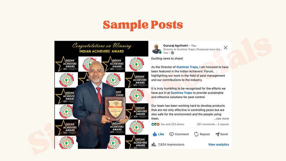 LinkedIn post by Guru Raj Agnihotri celebrating a recent milestone, showing over 7,800 impressions and 220+ likes. The visual includes a screenshot of the post performance, a success message, and branded elements highlighting the engagement win.