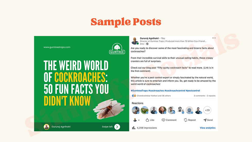 An illustrated social media post titled ‘50 Weird Facts About Cockroaches,’ featuring images of cockroaches, fun icons, and text highlights such as their ability to live without a head, survive radiation, and hold their breath for 40 minutes. The design is clean, educational, and attention-grabbing.