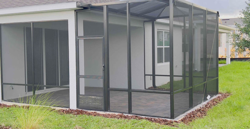 Modern black screen enclosure for a residential patio