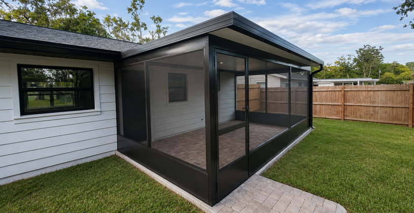 Modern black screened-in patio addition on a white house