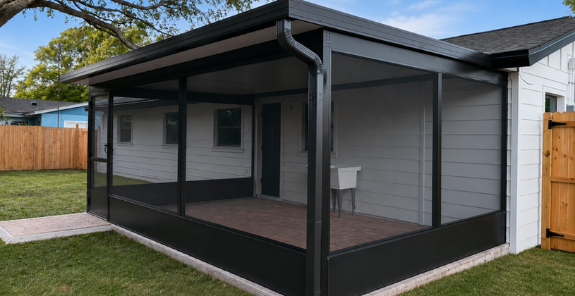 Modern black screened-in patio enclosure