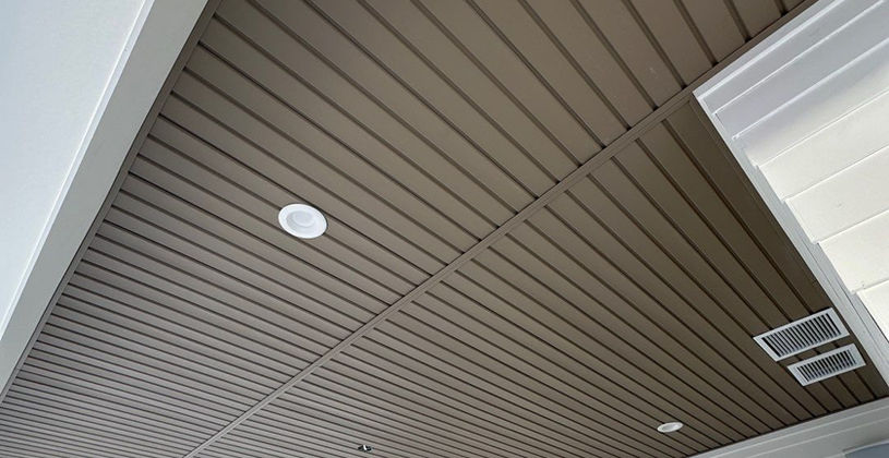 Dark wood plank porch ceiling with recessed lighting.