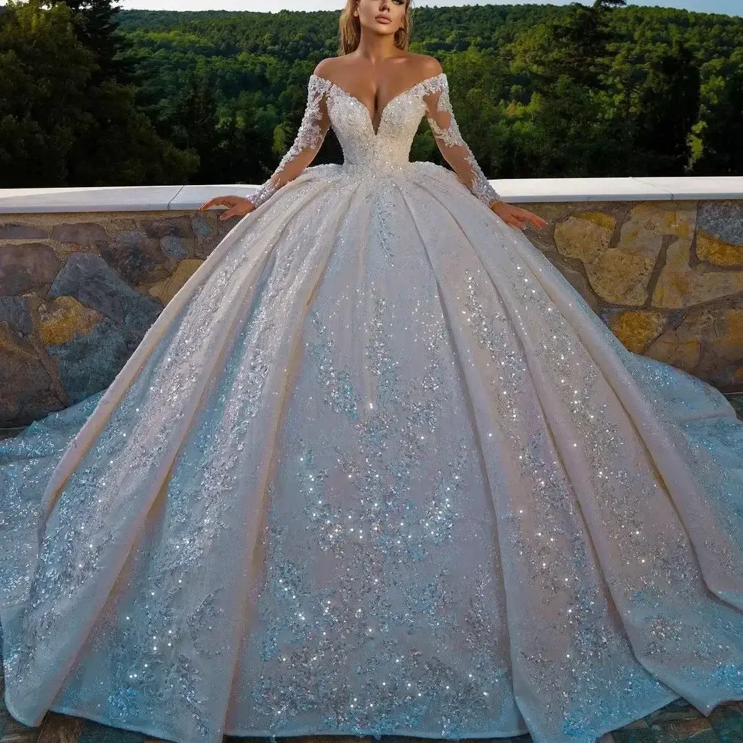 Customized Ball Gowns Beaded Appliques Sequins Off Shoulder Wedding Dress Long