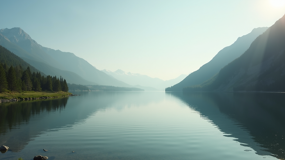 Eye-level view of a serene landscape with a calm lake