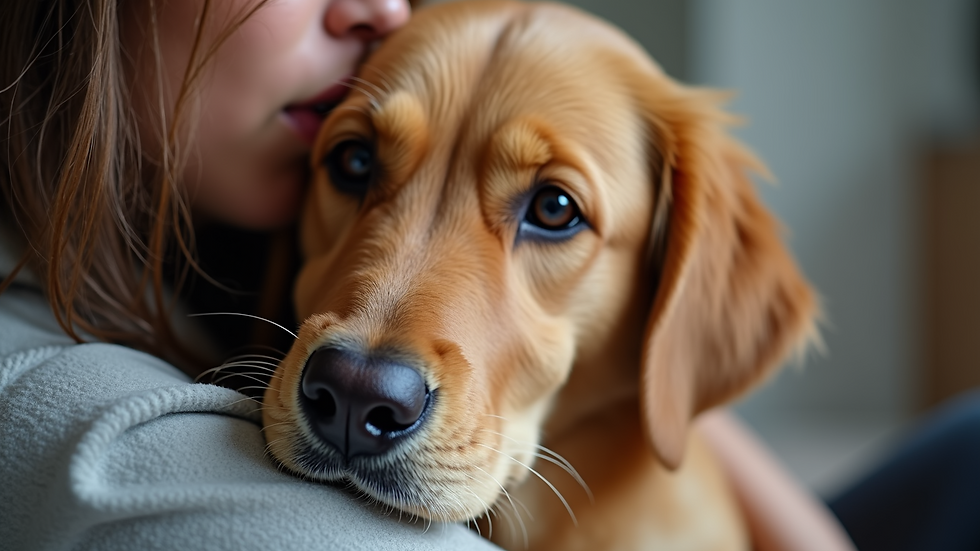 Close-up view of a person cuddling with a golden retriever