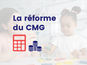 Photo d’un enfant et d’une enseignante avec le texte « La réforme du CMG »