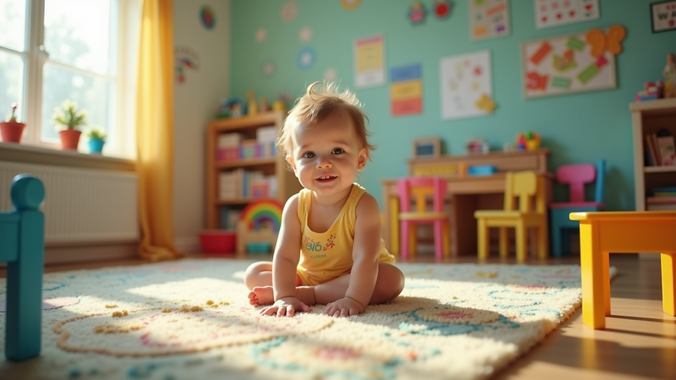 Eye-level view of a cozy daycare room with colorful toys and learning materials