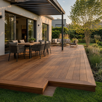 Moderne Holzterrasse mit parallel verlegten Dielen, umlaufendem Randabschluss, niedriger Stufe und begrüntem Garten.