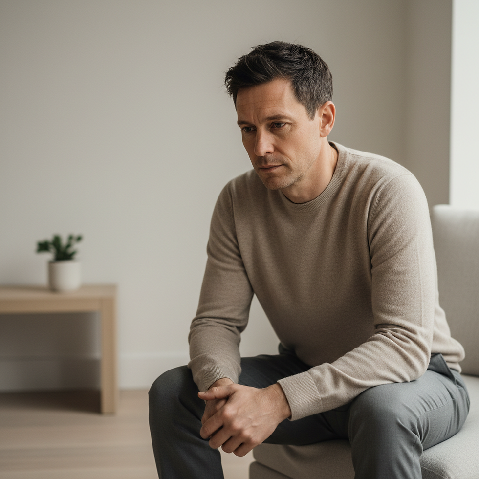 Homem pensativo com a frase: Por que pedir ajuda parece tão difícil?