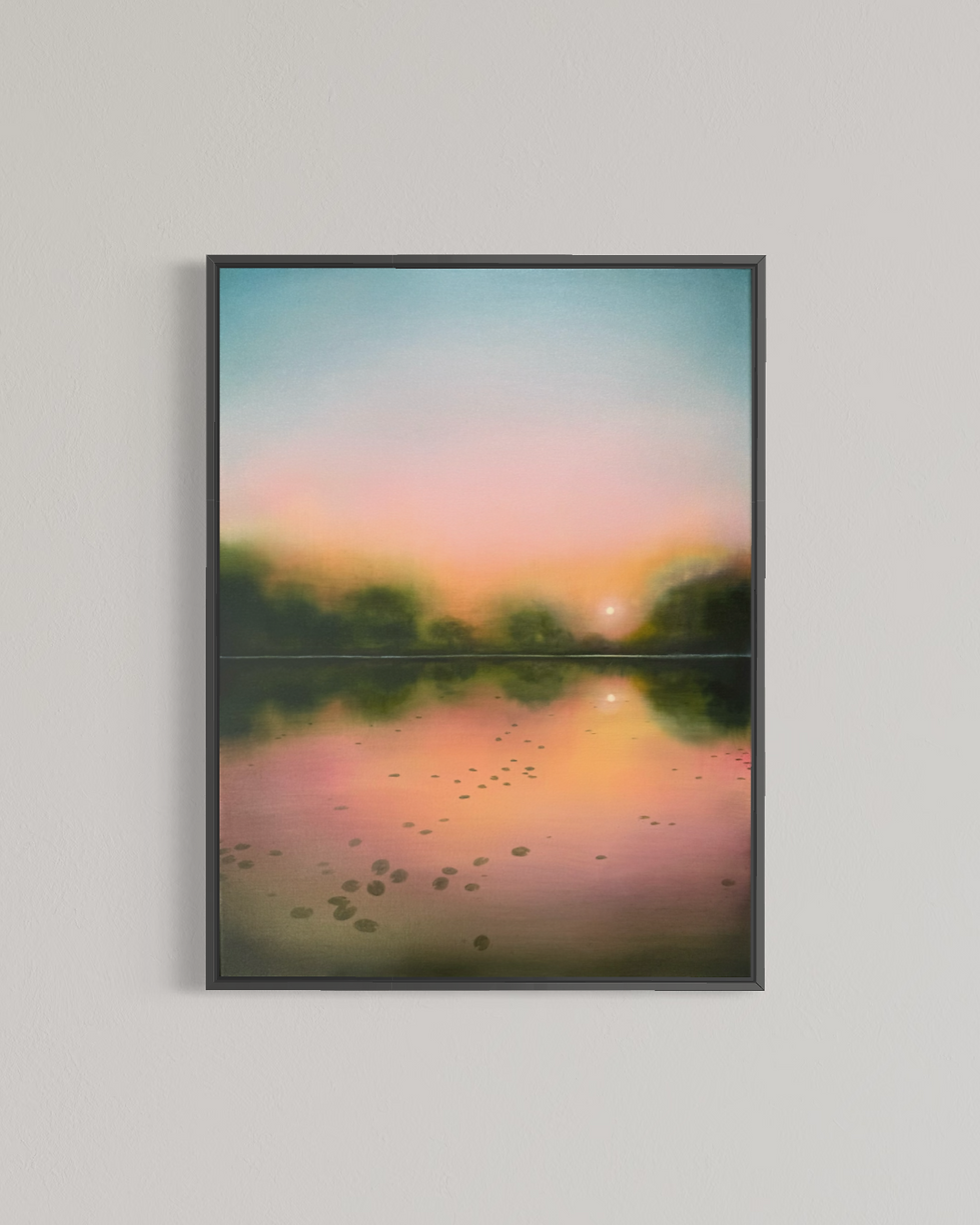 abstract landscape painting pink and green waterlily painting