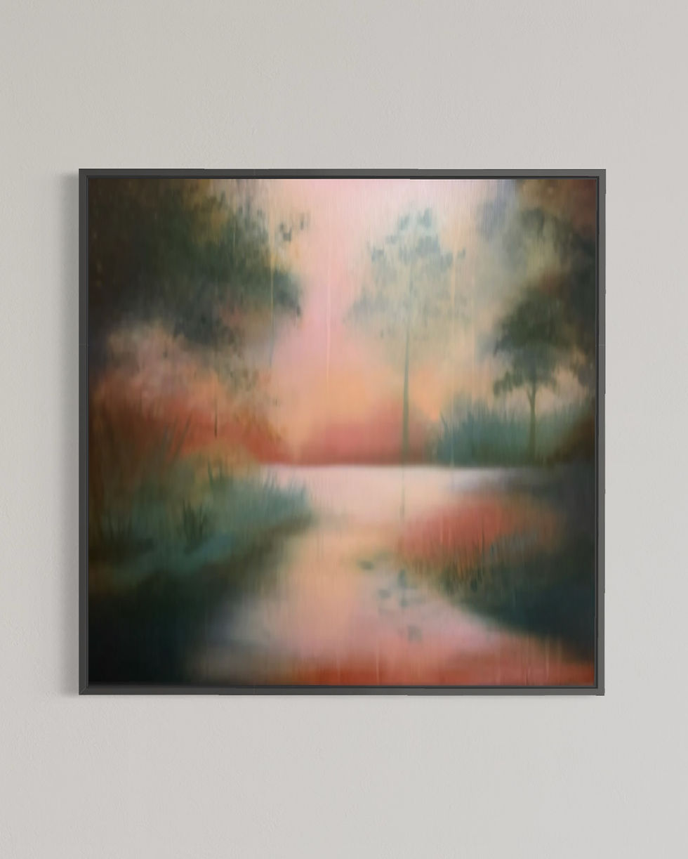 pink and green abstract landscape painting large