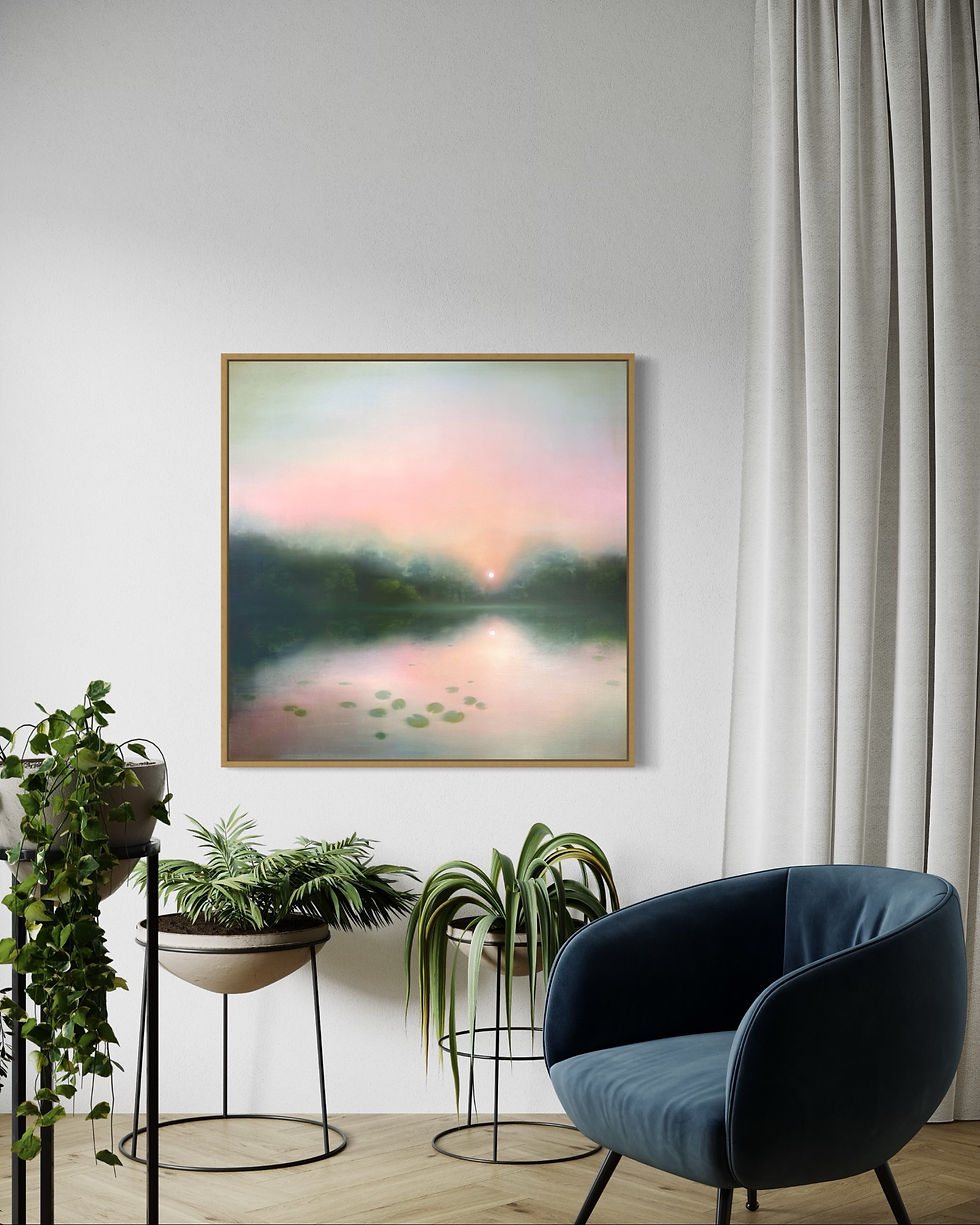 Thumbnail: pink and green waterlily abstract landscape painting