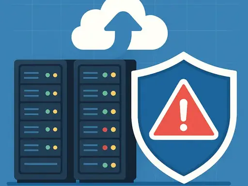 Flat-design illustration of server racks uploading data to a cloud with a shield and warning icon, symbolizing managed backups and disaster recovery.