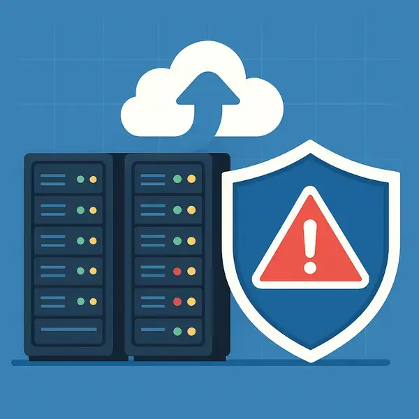 Flat-design illustration of server racks uploading data to a cloud with a shield and warning icon, symbolizing managed backups and disaster recovery.