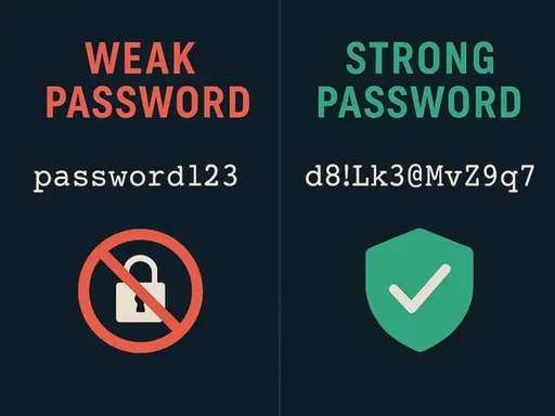 Visual comparison of a weak password (‘password123’) with a red lock icon, and a strong password (‘d8!Lk3@MvZ9#q7’) with a green checkmark shield.