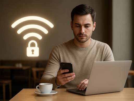 A young professional sitting in a café working on a laptop and holding a smartphone, with a glowing Wi-Fi symbol and a small security warning icon in the background.