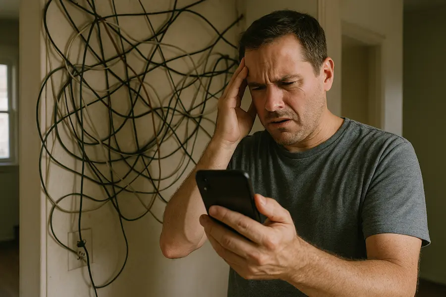 Person standing indoors holding a smartphone in one hand, with the other hand touching the side of the head. Behind them, a wall is covered with a large, tangled cluster of black cables running through an electrical outlet near the bottom left.