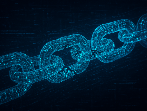 A glowing, transparent digital chain made of circuitry and flowing code floats against a dark, futuristic blue background. Several links show cracks and glitch-like distortions, symbolizing cybersecurity vulnerabilities in a digital supply chain.