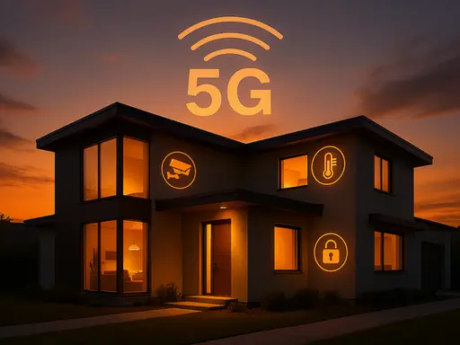 Modern smart home at dusk with a large 5G symbol above, surrounded by icons for security camera, thermostat, and padlock, representing 5G-powered smart home features.