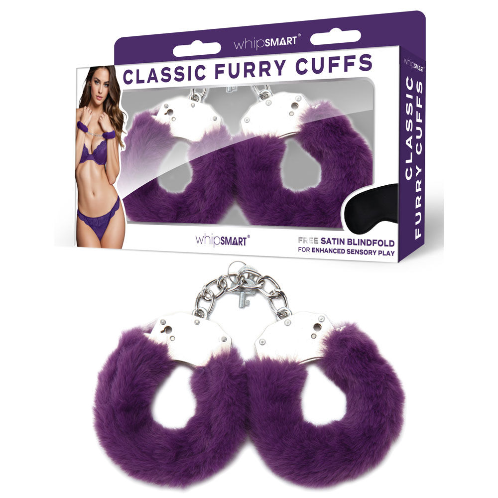 WhipSmart Classic Furry Cuffs - Purple - Purple Furry Restraints with Bonus E...