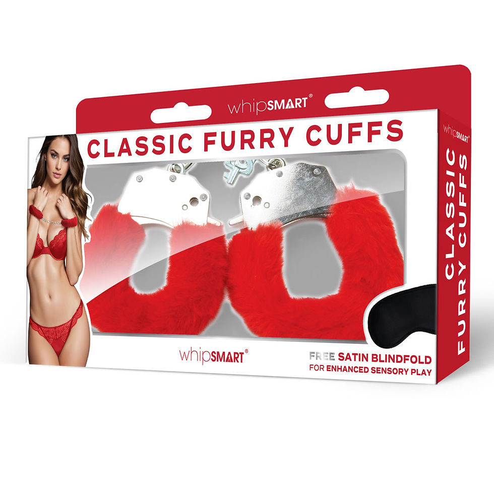 Thumbnail: WhipSmart Classic Furry Cuffs - Red - Red Furry Restraints with Bonus Eye Mask