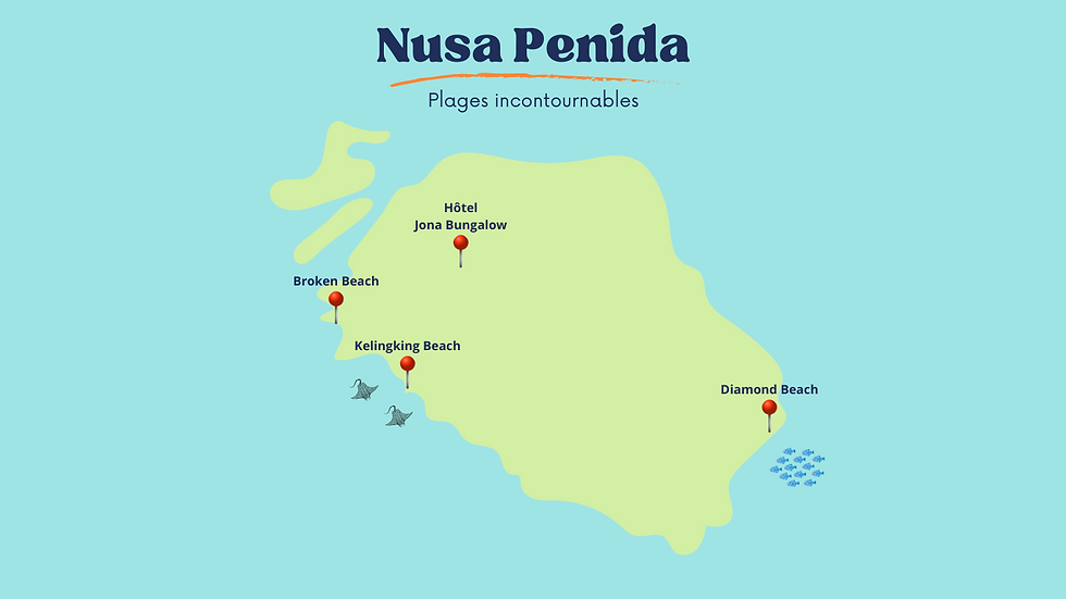 Carte de l'île de Nusa Penida en Indonésie, mettant en évidence les trois plus belles plages : Kelingking Beach, Broken Beach et Diamond Beach.