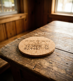 Port Huron Nautical Coordinates Cork Trivet on table