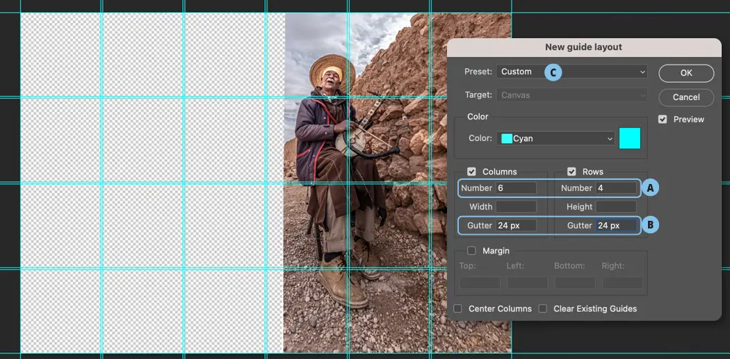 צילום מסך הכולל את התמונה וחלון יצירת קווי עזר