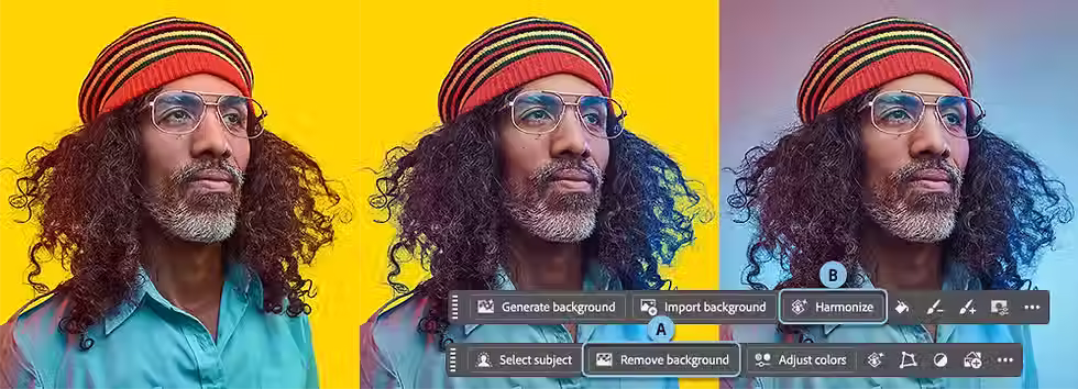 מימין תמונת המקור, באמצע לאחר הפעלת הפקודה Remove Background ומשמאל לאחר החלפת שיטת השילוב של השכבה ל-Color.