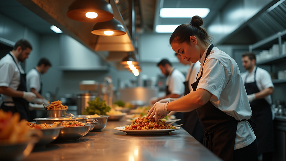 Eye-level view of a restaurant kitchen with chefs preparing dishes